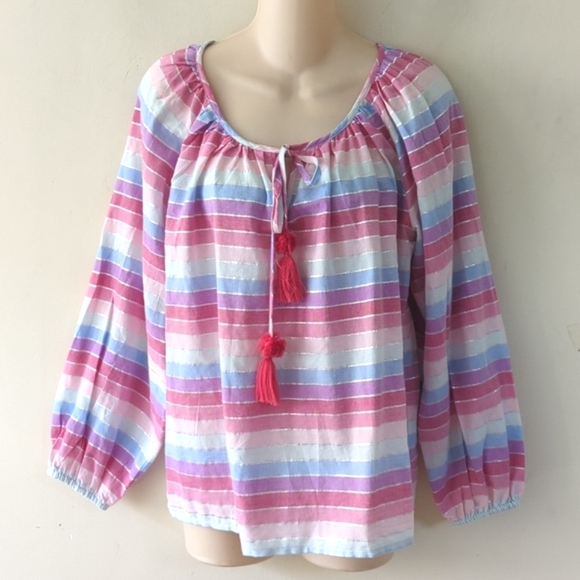 J. Crew Metallic Pastel Striped Rainbow Peasant Top S - Picture 6 of 16